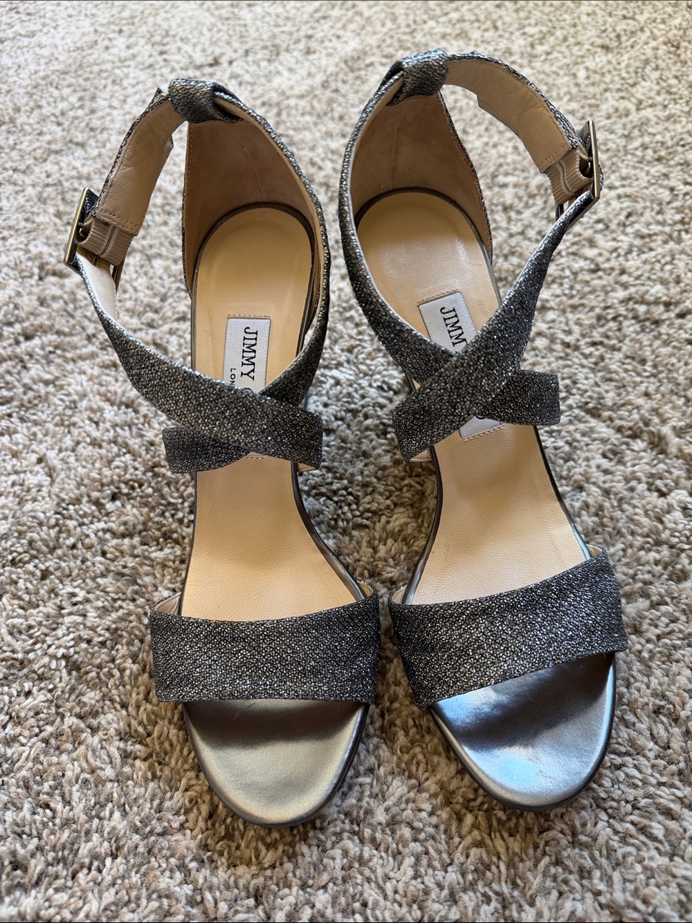 Jimmy Choo Metallic Silver Glitter Crisscross Ankle Strap Heels